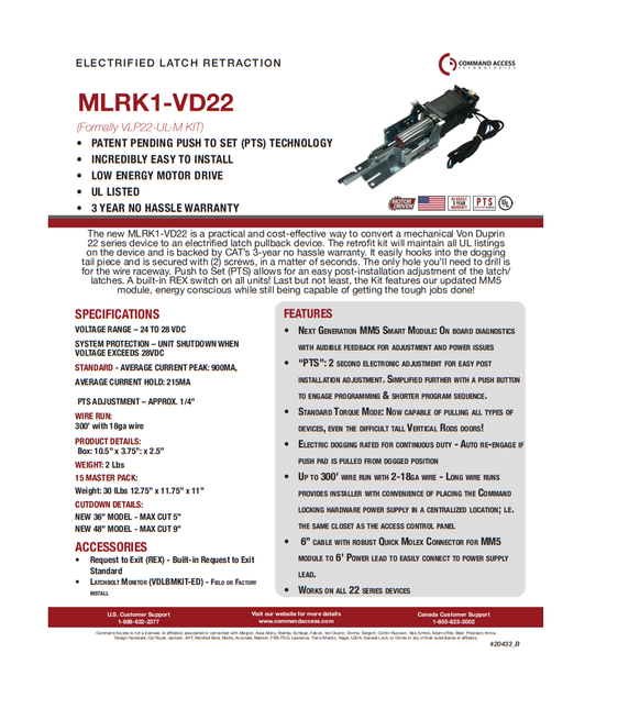 Command Access MLRK1-VD22 Motor Latch Retract Kit for Von Duprin 22 Series