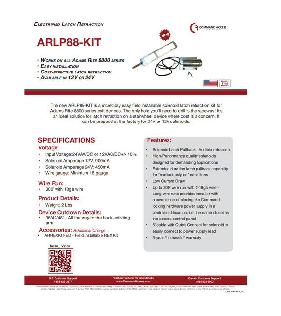 Command Access ARLP88-KIT Solenoid Latch Pullback Kit for Adams Rite 8800 Series