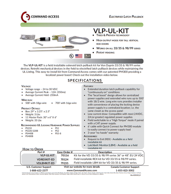 Command Access VLP-UL-KIT Solenoid Latch Pullback Kit for Von Duprin 33/35 & 98/99 Series