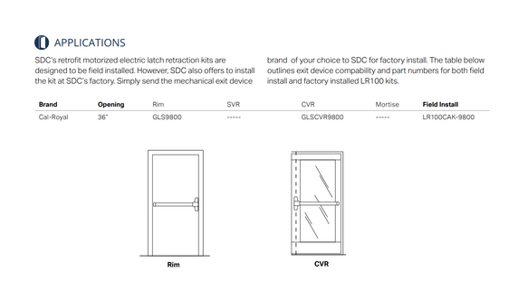 SDC LR100CAK-9800 QuietDuo Retrofit Electric Latch Retraction/Dogging Kit for Cal-Royal GLS Series, 36" Opening