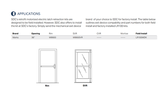 SDC LR100MDK QuietDuo Retrofit Electric Latch Retraction/Dogging Kit for Marks Exit Devices, 36" Opening