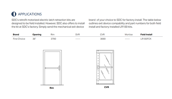 SDC LR100FCK QuietDuo Retrofit Electric Latch Retraction/Dogging Kit for First Choice 3600/3700 Series, 36" Opening