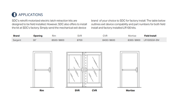 SDC LR100SGK-EM QuietDuo Retrofit Electric Latch Retraction Kit w/ External Module for Sargent Exit Devices, 30" Opening