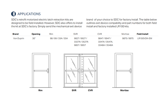 SDC LR100VDKEM QuietDuo Retrofit Electric Latch Retraction Kit w/ External Module for Von Duprin 98/99 and 33/35 Series, 30" Opening