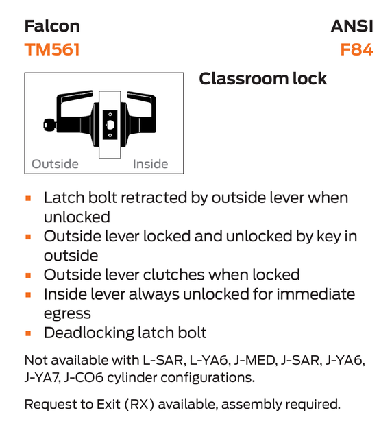 Falcon TM561J QUA Classroom Lever Lock, w/ Schlage FSIC Prep, Quantum Style