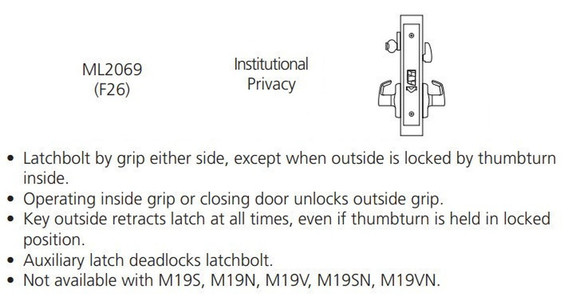 Corbin Russwin ML2069 PSM LC Institutional Privacy Mortise Lock, Less Cylinder