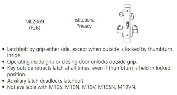 Corbin Russwin ML2069 NSN CL6 Institutional Privacy Mortise Lock, Accepts Large Format IC Core (LFIC)