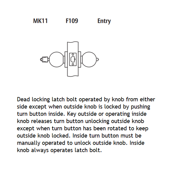 Arrow MK11-BD Grade 2 Entrance Cylindrical Knob Lock w/ Ball Knob