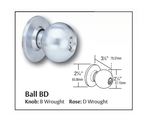 Arrow MK15-BD Grade 2 Hotel Cylindrical Knob Lock w/ Ball Knob, Conventional Cylinder