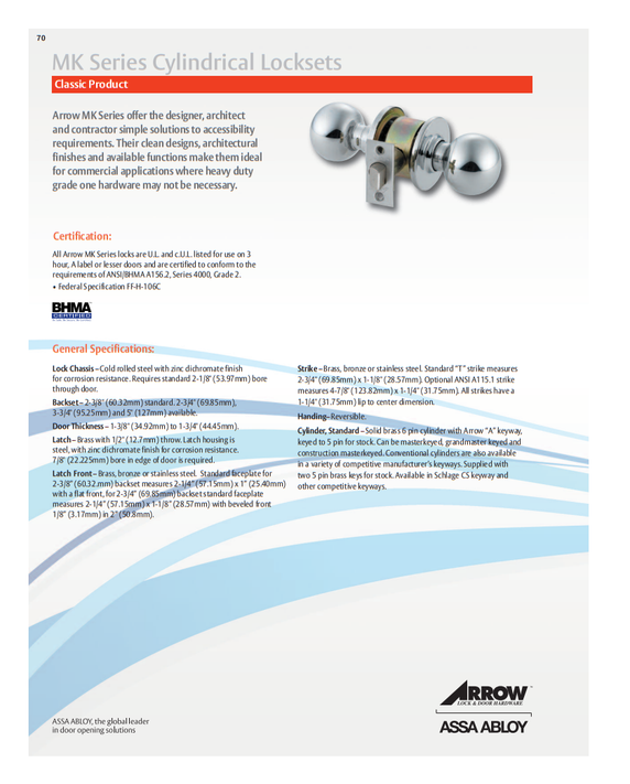 Arrow MK31-BD Grade 2 Communicating Cylindrical Knob Lock w/ Ball Knob