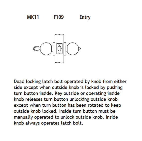 Arrow MK11-DD Grade 2 Entrance Cylindrical Knob Lock w/ Darrin Knob