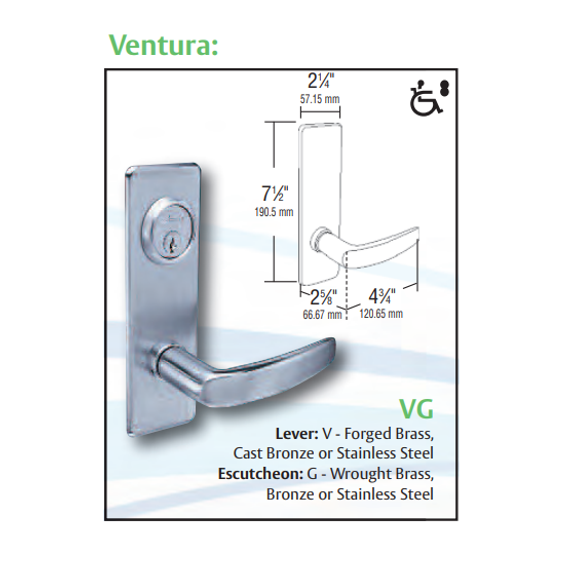 Arrow BM17 VG 26D Classroom Mortise Lock w/ V Lever and G Escutcheon, Satin Chrome Finish