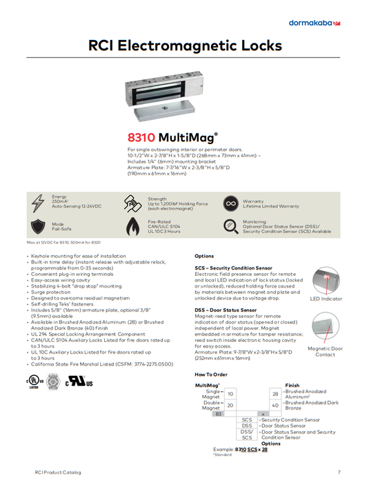 RCI 8310 DSS/SCS 1200 Lb Multimag Electromagnetic Lock w/ Door Status and Security Condition Sensor for Single Outswing Doors