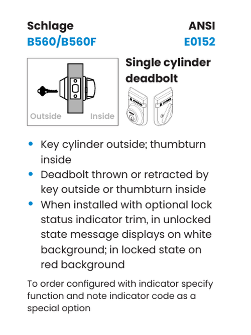 Schlage B560 OS-LOC Single Cylinder Deadbolt w/ Exterior "UNLOCKED/LOCKED" Indicator