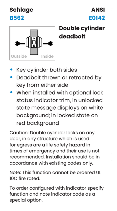 Schlage B562 OS-OCC Double Cylinder Deadbolt w/ Exterior "VACANT/OCCUPIED" Indicator