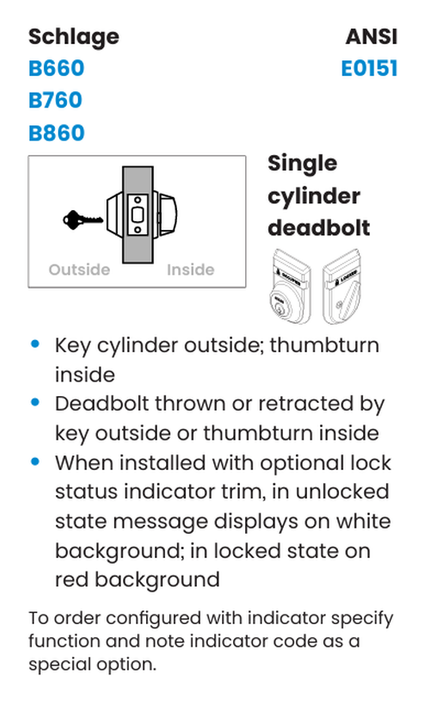 Schlage B660 OS-LOC Single Cylinder Deadbolt w/ Exterior "UNLOCKED/LOCKED" Indicator