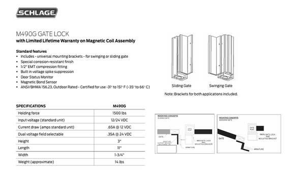 Schlage Electronics M490G Gate Electromagnetic Lock, 1500 lbs. Holding Force