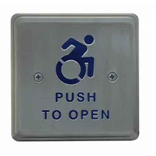 BEA 10PBS451AL 4-1/2" Square Stainless Steel Push Plate w/ Blue "Push to Open" Text and Alternate Handicap Logo