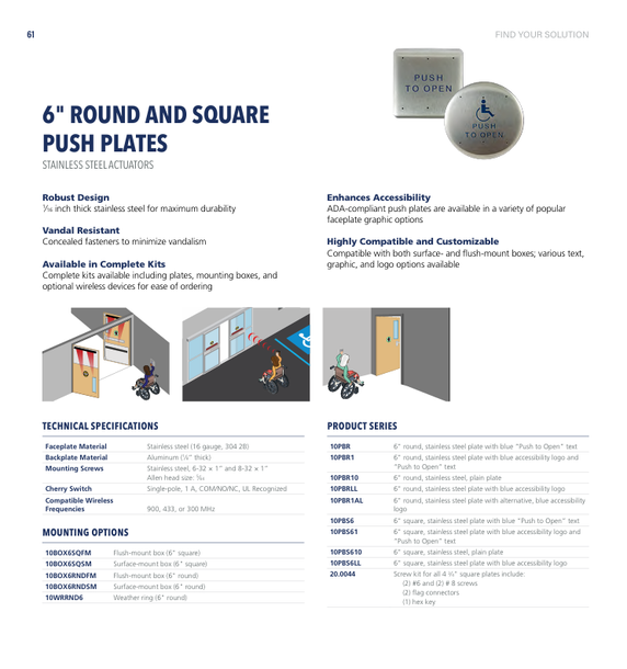 BEA 10PBR1 6" Round Stainless Steel Push Plate w/ Blue Handicap Logo and "Push to Open" Text