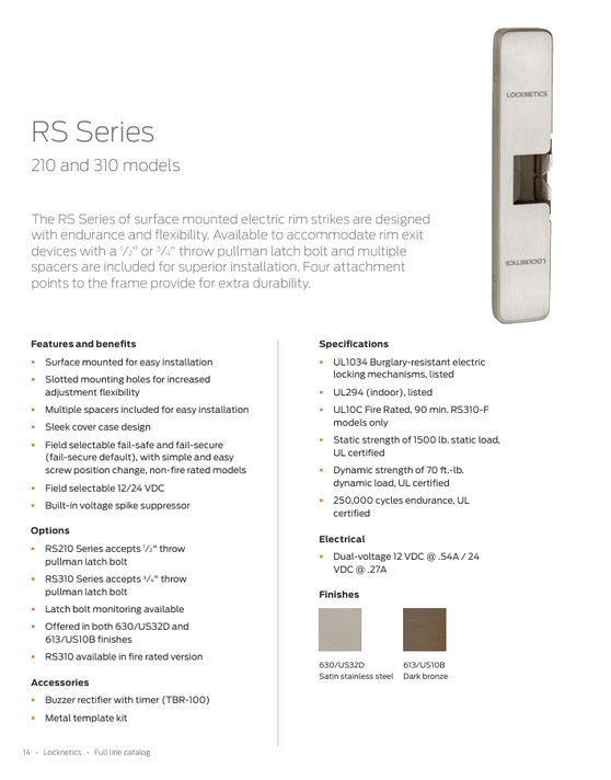 Locknetics RS210 Electric Rim Strike, 1/2" Depth, Surface Mounted