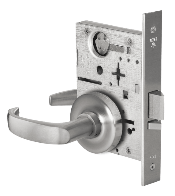 BEST 45H0NX 14R 626 Exit Mortise Lever Lock w/ 14 Lever and R Rose, Satin Chrome Finish