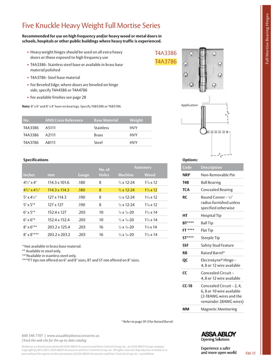 Mckinney T4A3786 4-1/2X4-1/2 Five Knuckle Full Mortise Hinge, Heavy Weight, 4-1/2" x 4-1/2", Steel Base