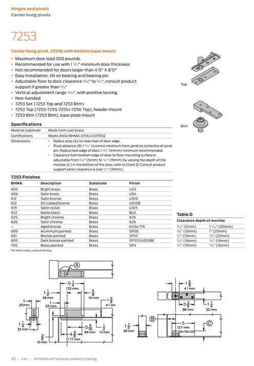 Ives 7253 BTM 1-1/2" Center Hung Bottom Pivot, 300lb w/ Bottom Base Mount