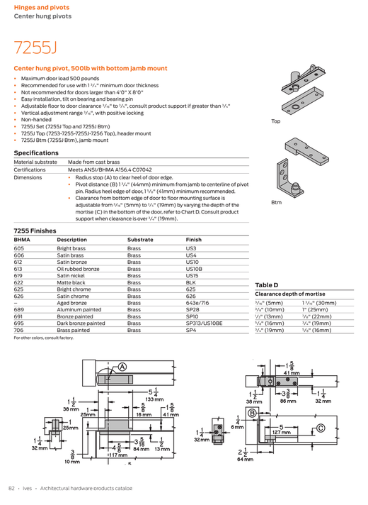 Ives 7255J TOP US26D 1-1/2" Center Hung Top Pivot, 500lb w/ Bottom Jamb Mount, Satin Chrome Finish