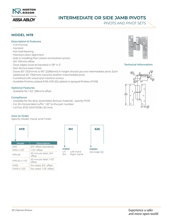 Rixson FM19 626 3/4" Offset Intermediate Pivot, Fire Rated, Satin Chrome Finish