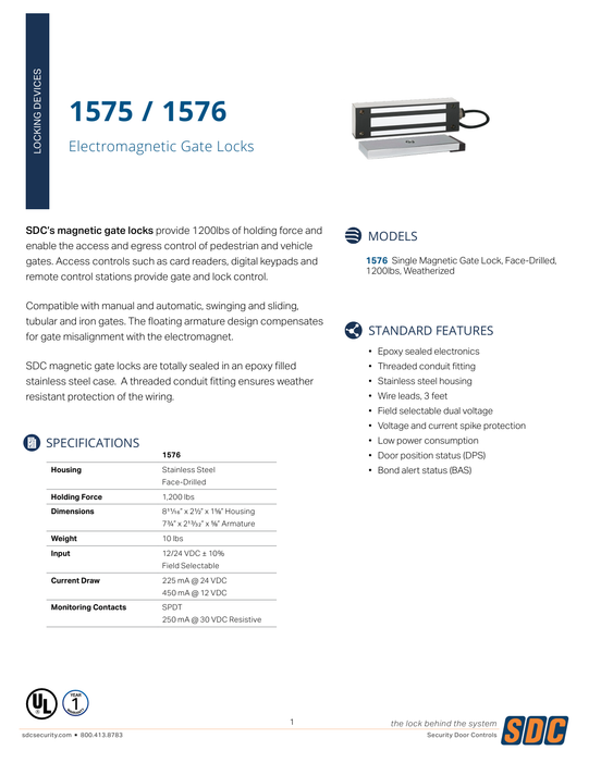 SDC 1576U Single Magnetic Gate Lock, 1200lbs, Face Drilled, Weatherized