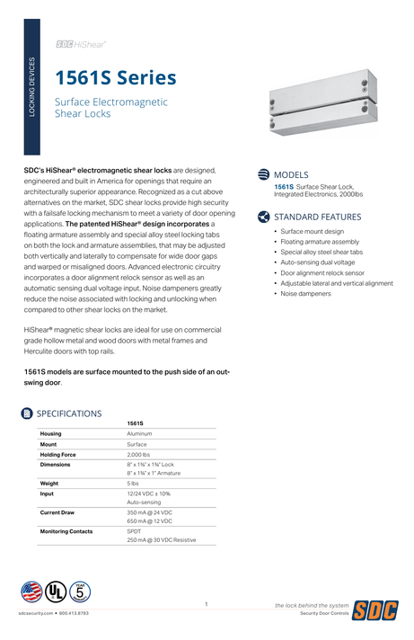 SDC 1561SV Surface Mount Hi/Shear Concealed EMLock for Push Side of the Door, Satin Aluminum Finish