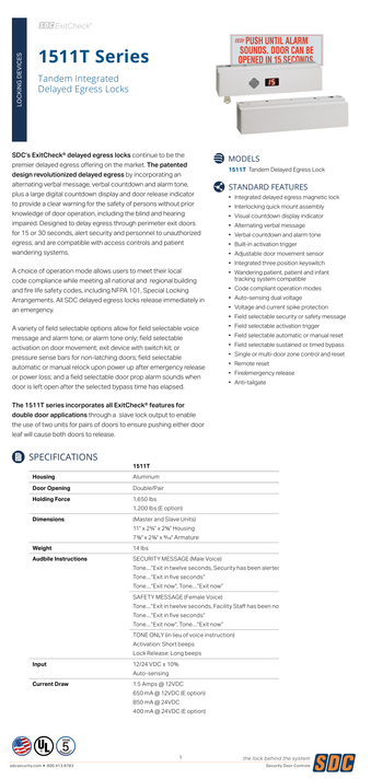 SDC 1511TNAKV Tandem ExitCheck Delayed Egress EMLock, NFPA 101, Selectable Egress Delay, Built-In Keyswitch, Satin Aluminum Finish