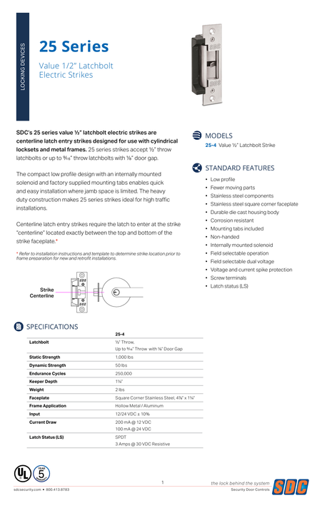 SDC 25-4U Value 1/2" Latchbolt Electric Strike, Satin Stainless Steel Finish