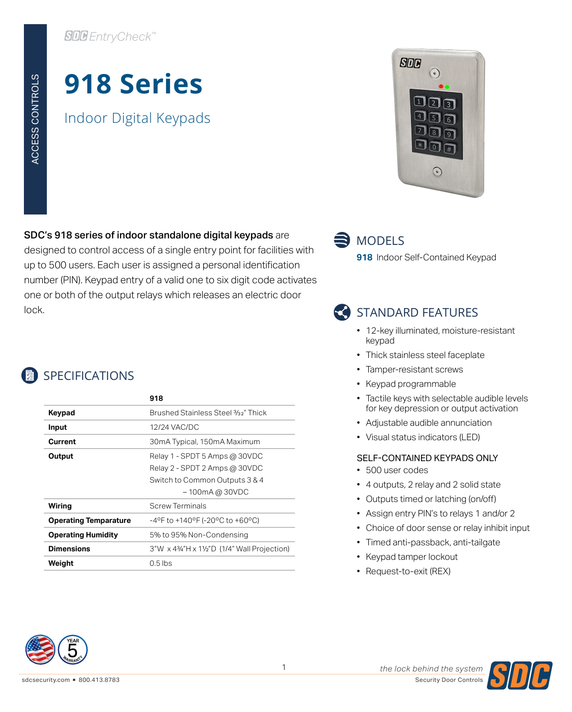 SDC 918U EntryCheck Indoor Digital Keypad, Satin Stainless Steel Finish
