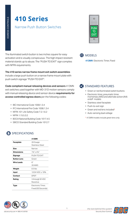 SDC 413MNU Narrow Push to Exit Button, Electronic Timer, Fixed (30 seconds), Satin Stainless Steel Finish