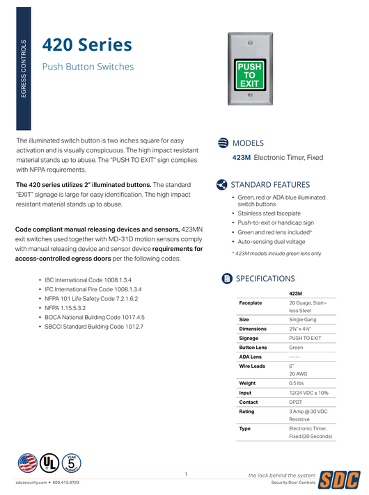 SDC 423MU Push to Exit Button Switch, Electronic Timer, Fixed (30 seconds), Satin Stainless Steel Finish