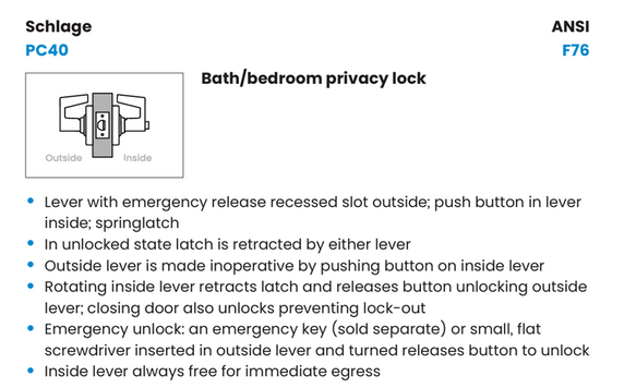 Schlage PC40 SPA Grade 1 Bath/Bedroom Privacy Cylindrical Lock, Sparta Style