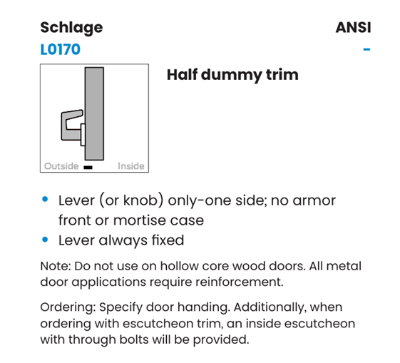 Schlage L0170 LATA Half Dummy Trim Mortise Lock, w/ Latitude Lever and A Rose