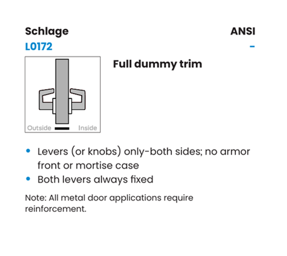 Schlage L0172 LATA Full Dummy Trim Mortise Lock, w/ Latitude Lever and A Rose