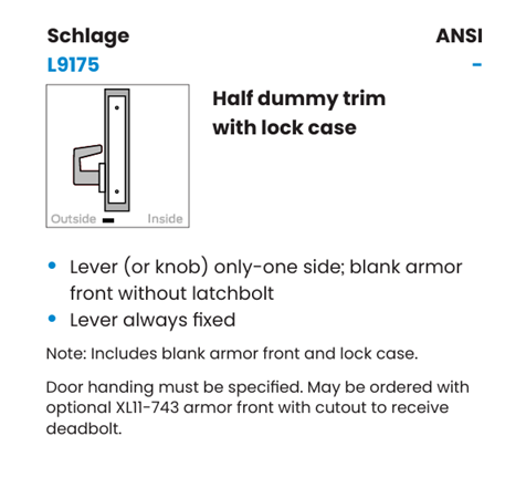 Schlage L9175 LATA Half Dummy Trim with Case Mortise Lock, w/ Latitude Lever and A Rose