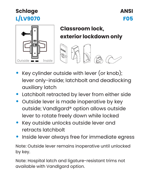 Schlage L9070P LATA Classroom Mortise Lock, Conventional Cylinder w/ Latitude Lever and A Rose