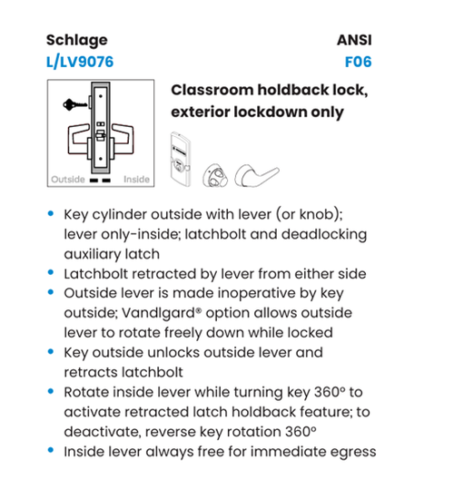 Schlage L9076P LATA Classroom Holdback Mortise Lock, Conventional Cylinder w/ Latitude Lever and A Rose