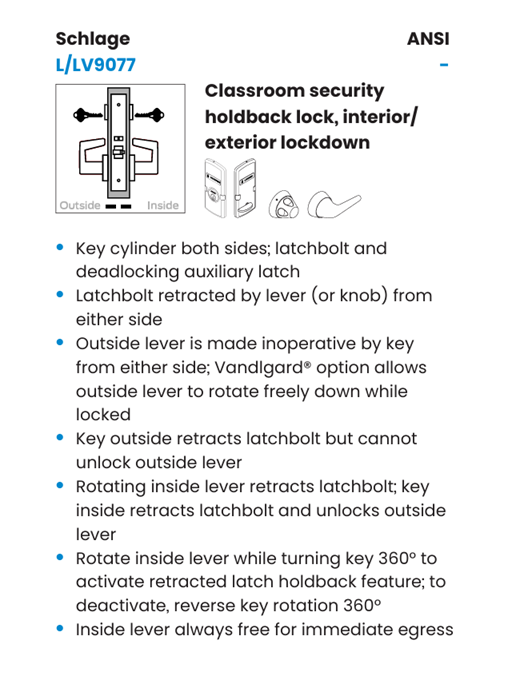 Schlage L9077B LATA Classroom Security Holdback Mortise Lock, SFIC Prep Less Core w/ Latitude Lever and A Rose