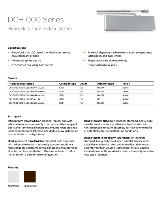 Dexter DCH1000-STD-FULL HW/PA AL Heavy Duty Surface Closer w/ Hold Open Arm, Aluminum Painted
