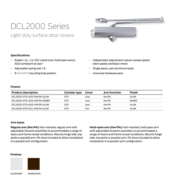 Dexter DCL2000-STD LESS-RW/PA Light Duty Surface Closer, Less Cover w/ Regular Arm