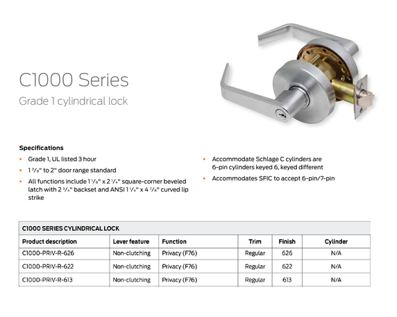 Dexter C1000-PRIV-R Grade 1 Privacy Cylindrical Lock w/ Regular Lever