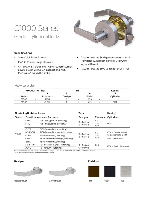 Dexter C1000-ENTR-R Grade 1 Entry/Office Cylindrical Lock w/ Regular Lever