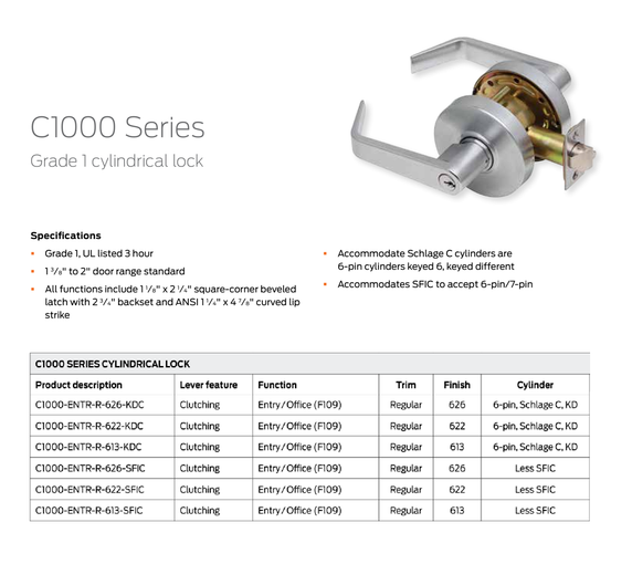 Dexter C1000-ENTR-R Grade 1 Entry/Office Cylindrical Lock w/ Regular Lever