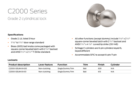Dexter C2000-SDUM-B Grade 2 Single Dummy Trim Cylindrical Lock w/ Ball Knob