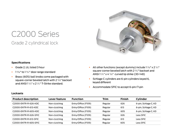 Dexter C2000-ENTR-R Grade 2 Entry/Office Cylindrical Lock w/ Regular Lever